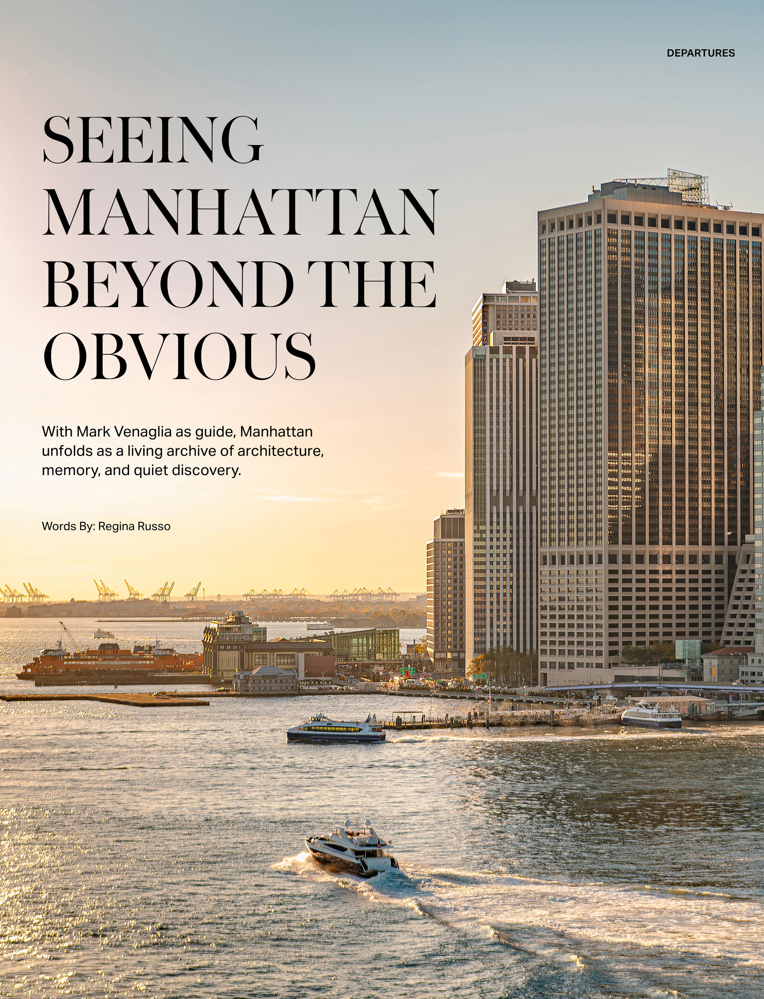 Feature title page — 'Seeing Manhattan Beyond the Obvious' over a sunrise view of Lower Manhattan and the harbor.
