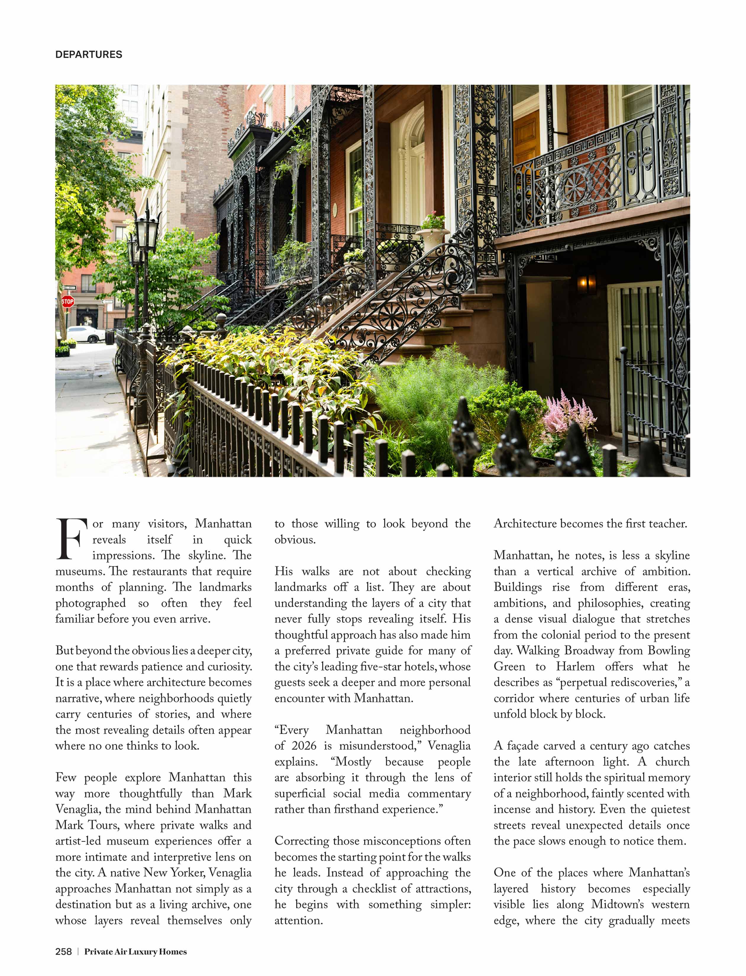Magazine page 258 — opening of the article body, with a photograph of a West Village brownstone block.