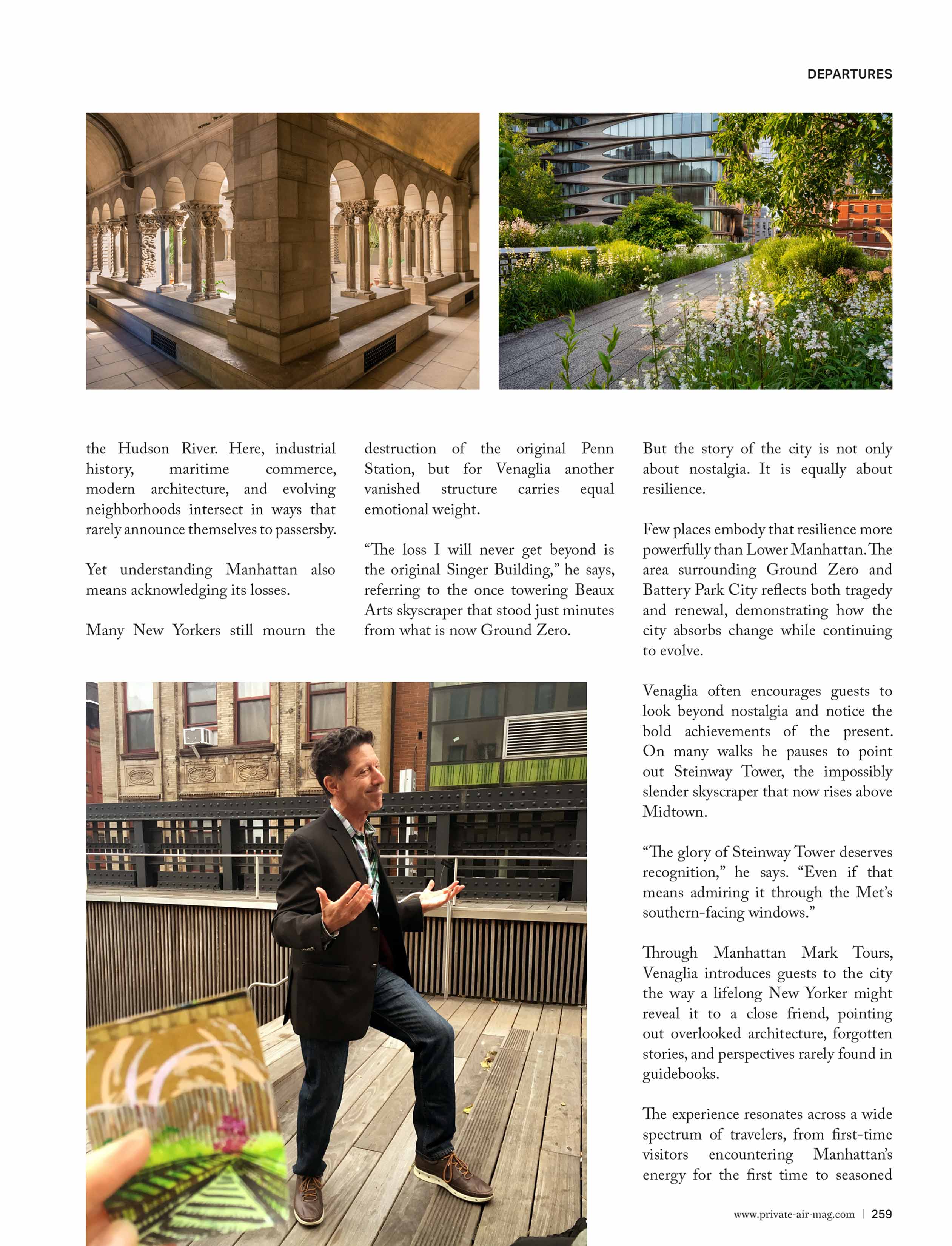 Magazine page 259 — photos of the Met Cloisters arcade and the High Line, with a portrait of Mark Venaglia gesturing on a rooftop holding one of his paintings.