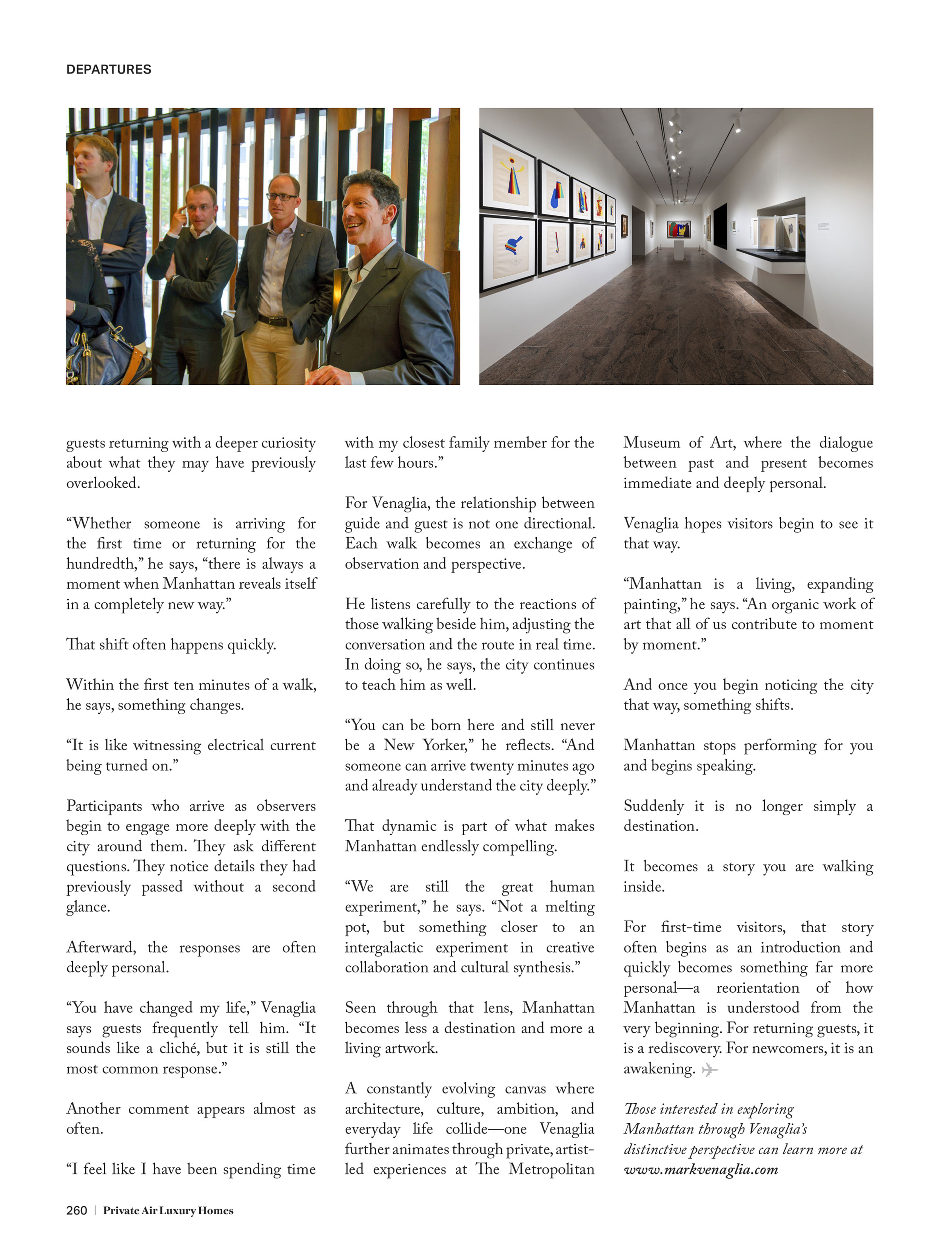 Magazine page 260 — Mark Venaglia leading guests at the Metropolitan Museum of Art, with the concluding text of the article and a reference to markvenaglia.com.